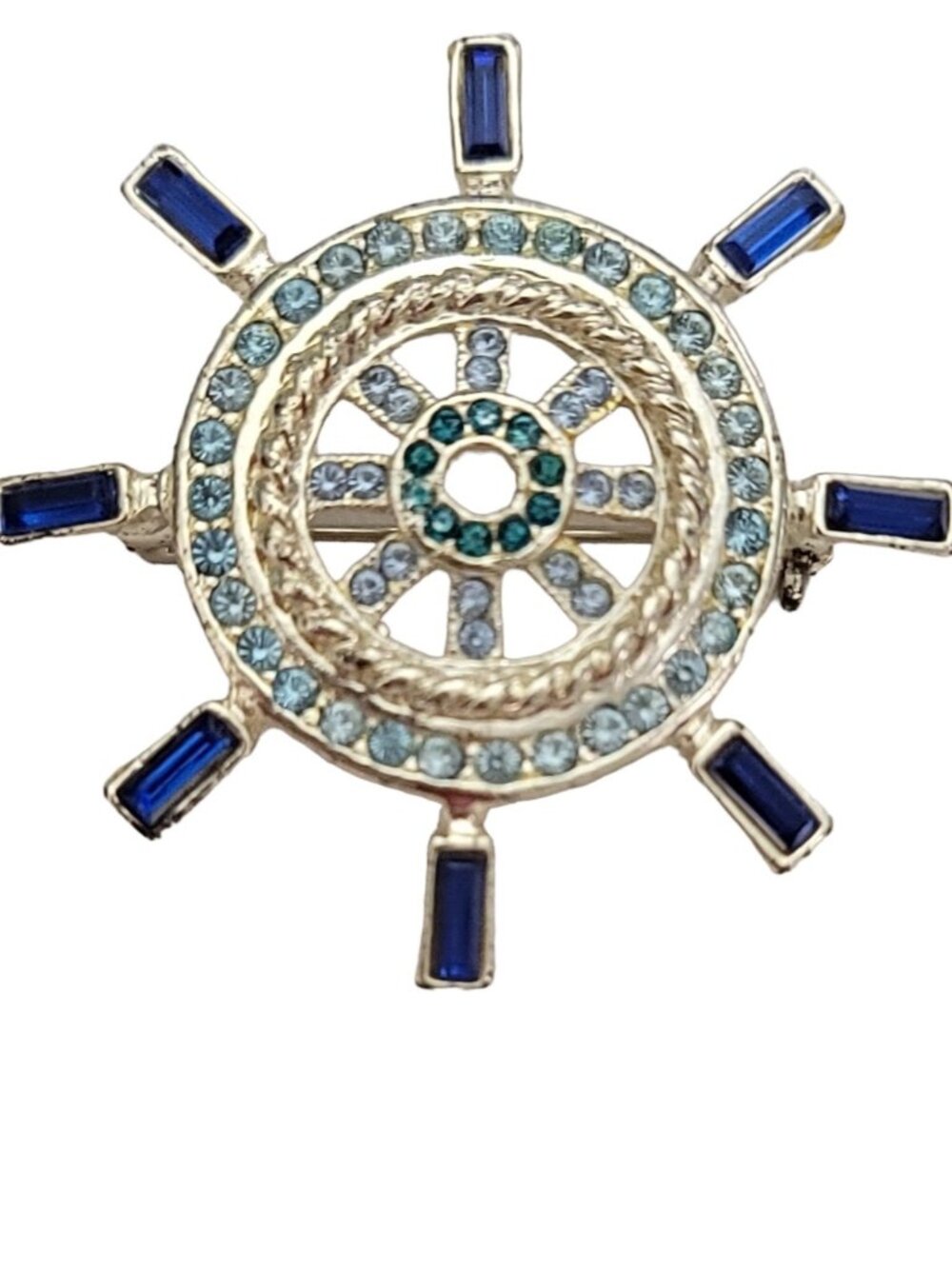 Monet Silver Tone Blue Rhinestone Ship's Wheel Brooch Pin, Signed M781